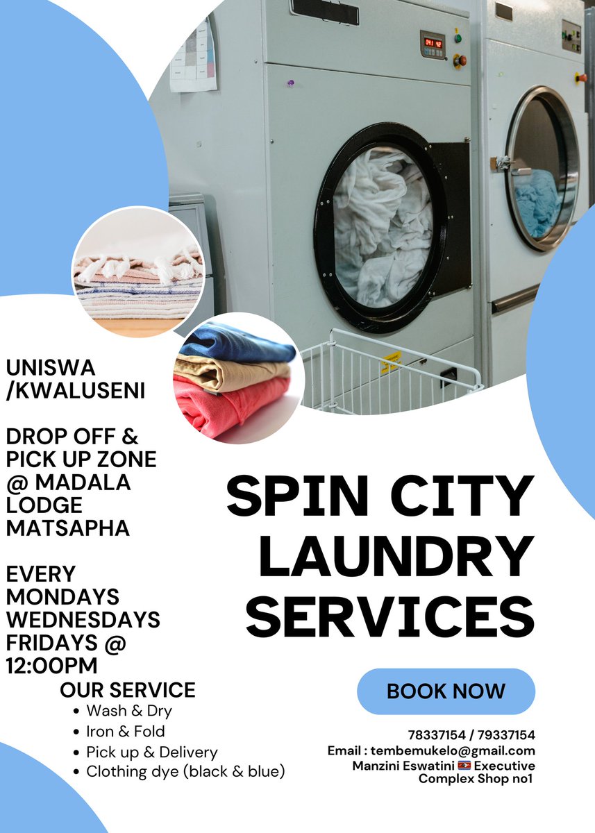 BulelwaTembe's tweet photo. Attention UNISWA STUDENTS &amp; to all residents in Matsapha. Spin City Laundry Eswatini 🇸🇿 is offering laundry services to you, pick up &amp; drop off zone at Madala Lodge every Mondays, Wednesdays &amp; Fridays at 12:00pm. Contact details 78337154 / 79337154. https://t.co/kT7Y9EfVyI