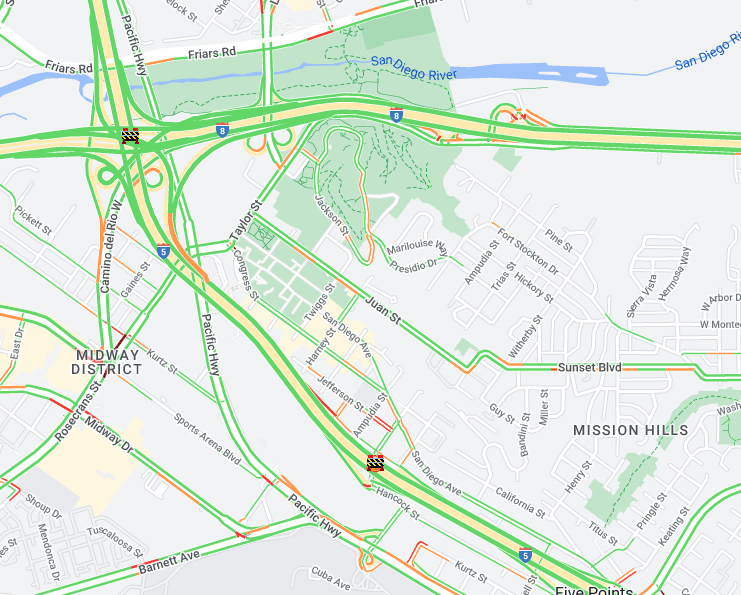 The NB I-5 to EB I-8 connector ramp and the NB I-5 Old Town Ave off-ramp are closed for emergency spall repair work.