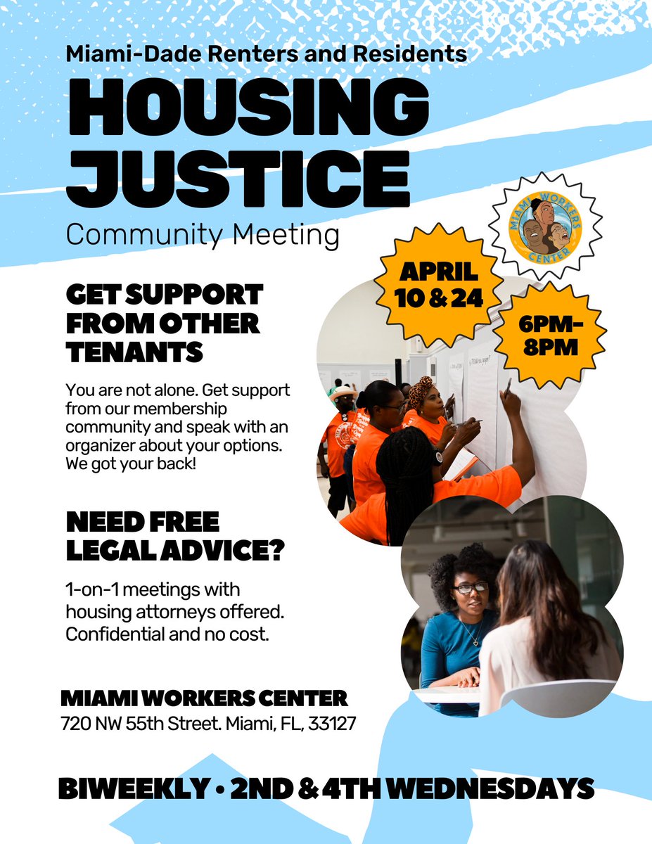 The rent is too damn high for landlords to not be following the law! If you or someone you know suspect their tenant rights are being violated in Miami-Dade County, come to our next Housing Justice Meeting (4/24). MWC has got your back!