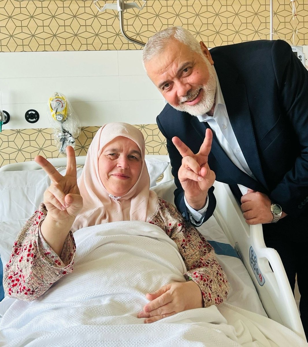 Hamas leader Ismail Haniyeh informed his wife about the liquidation of their terrorist sons while she was in the hospital. In a photo taken there, they signaled victory with their hands because, as you may know, that's how death cults work.