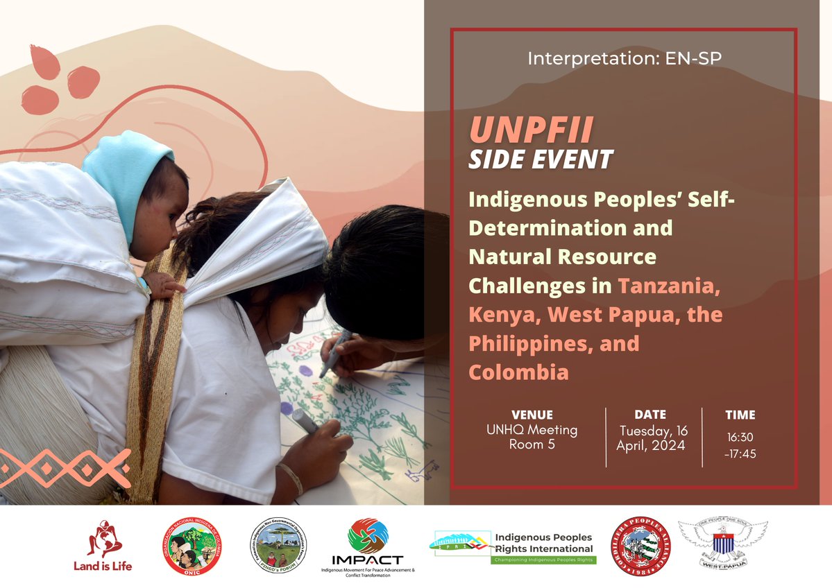 UNITED NATIONS PERMANENT FORUM ON INDIGENOUS ISSUES  UNPFII23 
April 15 - 26 United Nations Headquarters in New York. 
LAND IS LIFE Side Event Tuesday 16th  
#UNPFII2024 #WeAreIndigenous #Proud2BIndigenous #SomosIndígenas @UN4Indigenous  @jemimah_mk @Brian_J_Keane @Lcastanedaq