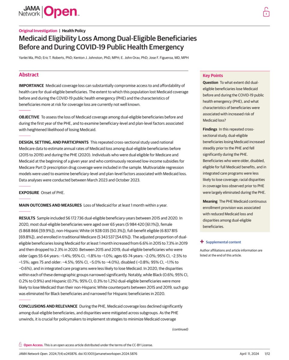 Loss of #Medicaid coverage among dual-eligibles has long been a major concern — especially since loss is most often due to administrative hassles. In new @JAMANetworkOpen study, we find some important insights into Medicaid loss among #duals over time. jamanetwork.com/journals/jaman…