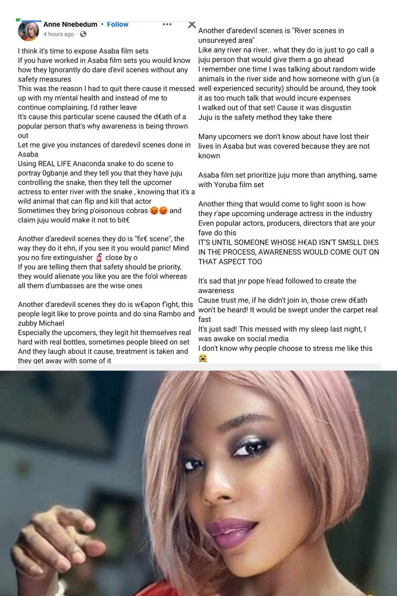 Ur favorite popular actors, producers, directors r@p£ underage actresses. Nollywood whistleblower pens despicable revelation about the decaying Nigerian movie industry . Anne revealed how producers use POISONOUS COBRAS to shoot movies without any anti-venom, instead they use juju