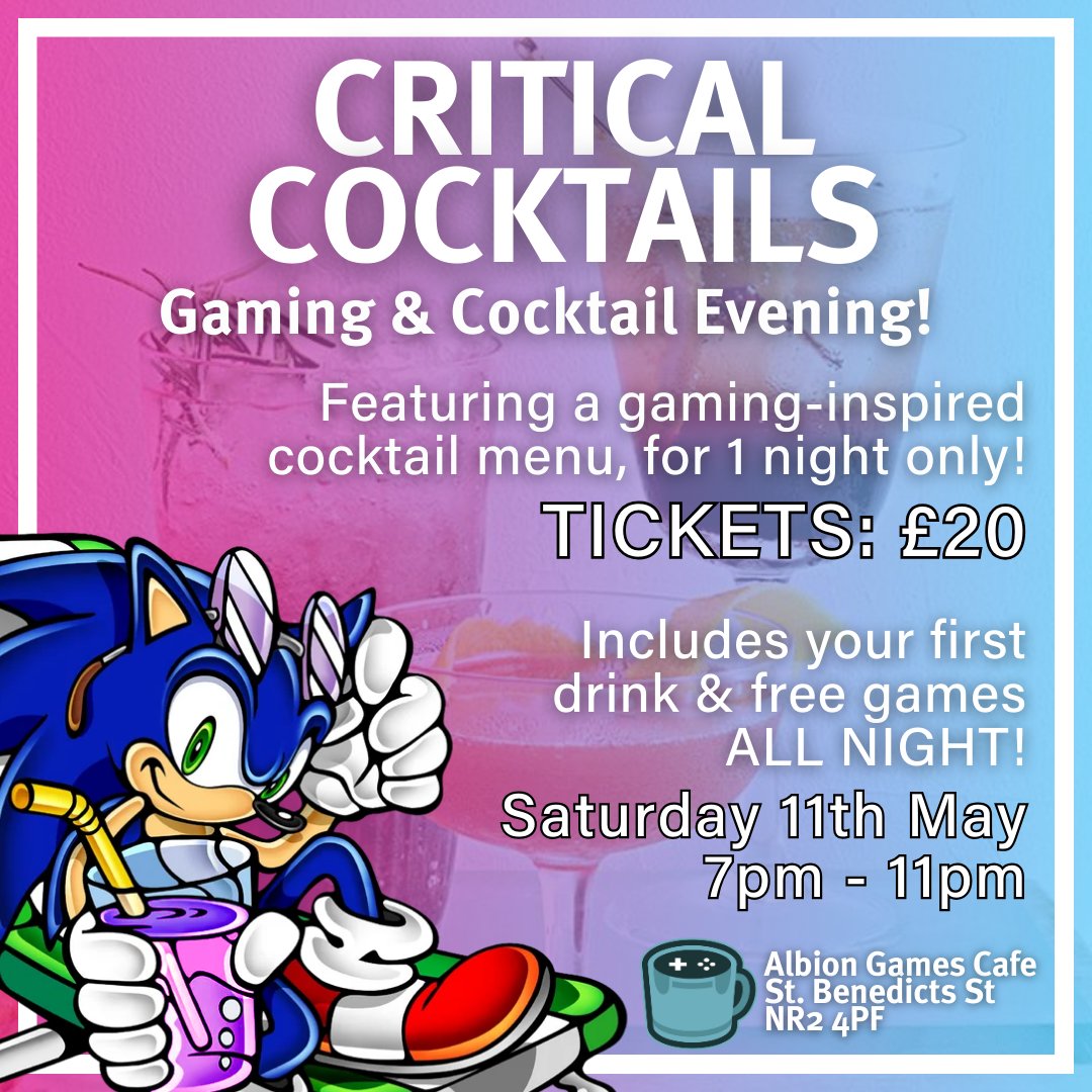 Welcome to Critical Cocktails, our BRAND NEW COCKTAIL NIGHT! Join us for the evening with a wide selection of custom made cocktails! Your ticket enables you to play games for the whole evening & includes your first drink of choice! Event page & tickets in replies! 👇