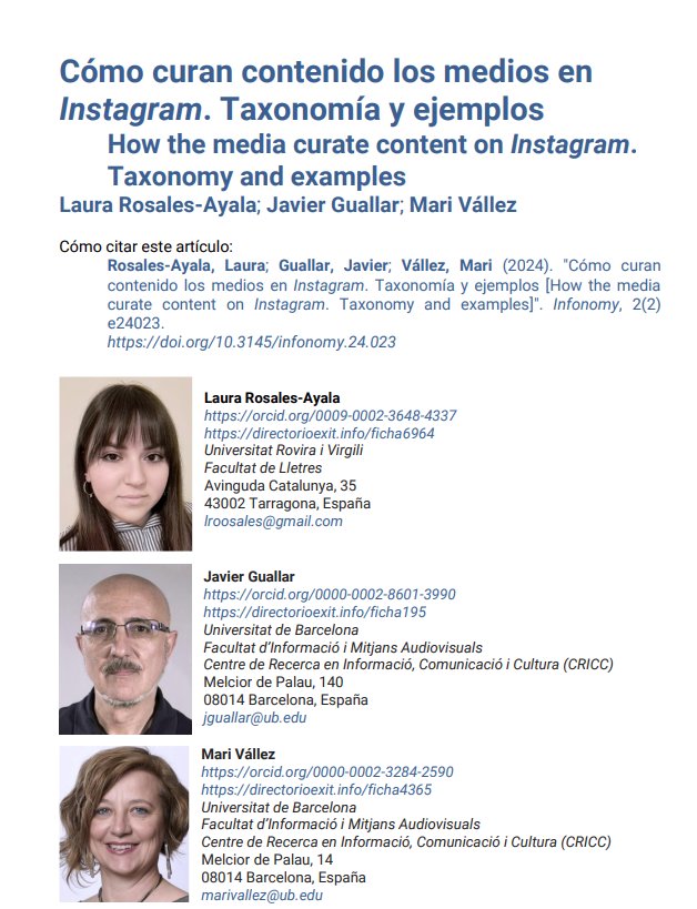 📢Para interesados en curación en #Instagram

«Cómo curan contenido los medios en Instagram. Taxonomía y ejemplos» de @_laurarosales, @jguallar y @mvallez 

#contentcuration

Vía @revistainfonomy: doi.org/10.3145/infono…