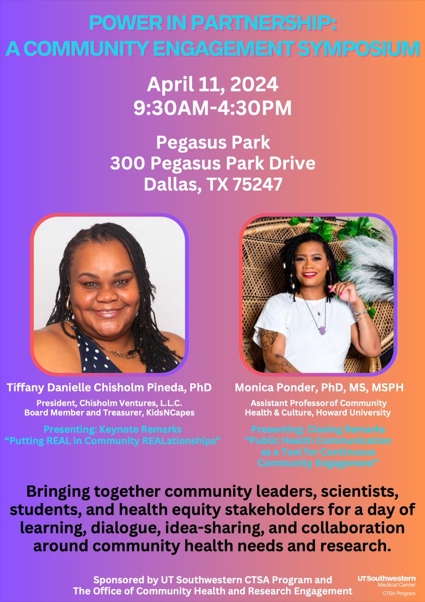 Maria Chahrour (@mariachahrour) on Twitter photo Excited to speak about our partnership with the local community of families with #autism at the "Power in Partnership: A Community Engagement Symposium"! <a href="/UTSW_CTSA/">UTSW CTSA Program</a> <a href="/UTSWMedCenter/">UT Southwestern Medical Center</a> <a href="/UTSWBrain/">UT Southwestern O'Donnell Brain Institute</a> <a href="/UTSWNeurosci/">UTSW Neuroscience</a> @UTSW <a href="/BioLabsNTX/">BioLabs Pegasus Park</a>
Join us today!
events.utsouthwestern.edu/event/power-in… Excited to speak about our partnership with the local community of families with #autism at the "Power in Partnership: A Community Engagement Symposium"! <a href="/UTSW_CTSA/">UTSW CTSA Program</a> <a href="/UTSWMedCenter/">UT Southwestern Medical Center</a> <a href="/UTSWBrain/">UT Southwestern O'Donnell Brain Institute</a> <a href="/UTSWNeurosci/">UTSW Neuroscience</a> @UTSW <a href="/BioLabsNTX/">BioLabs Pegasus Park</a>
Join us today!
events.utsouthwestern.edu/event/power-in…