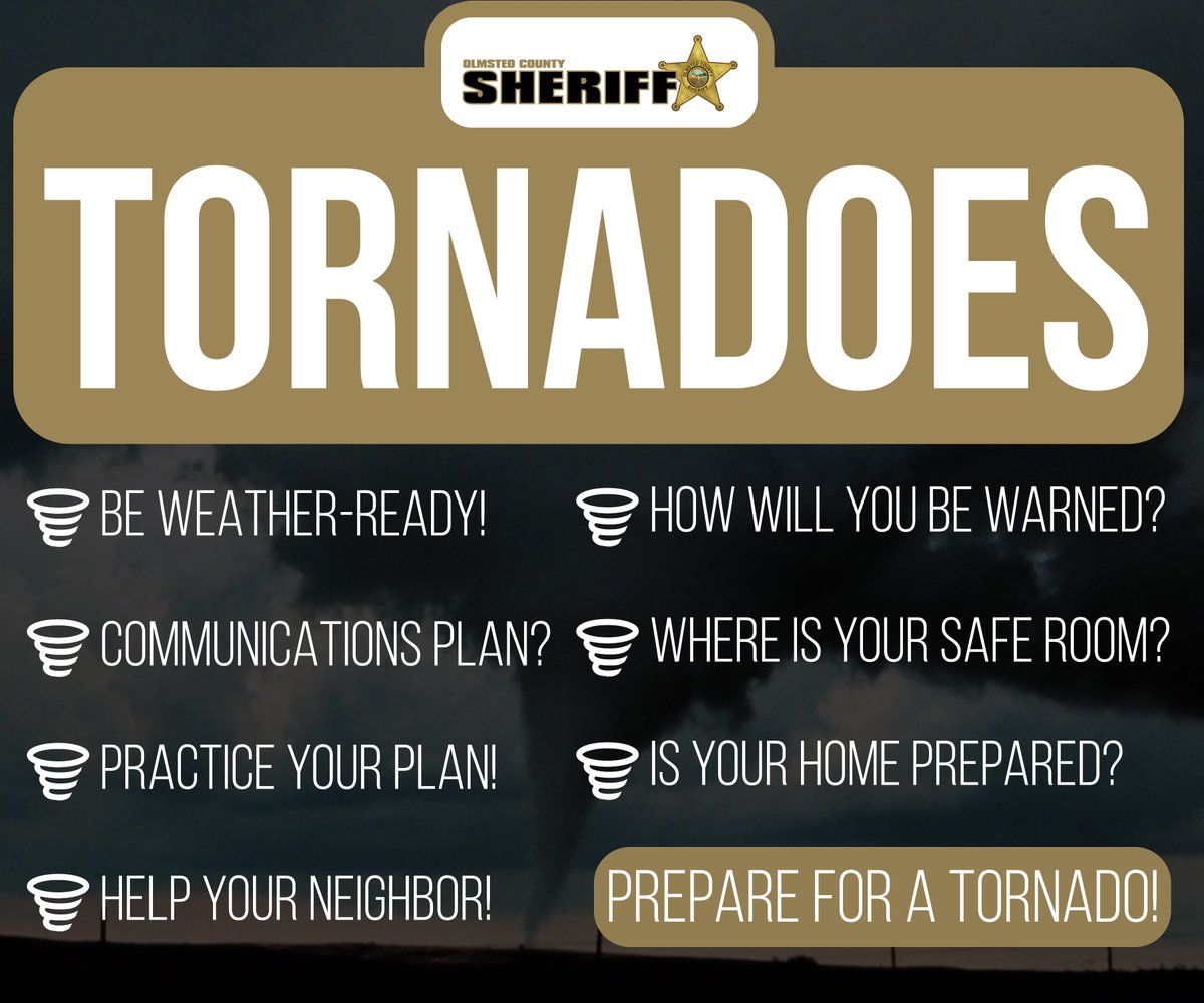 #Tornadoes are violently rotating columns of air that extend from a thunderstorm to the ground. If you know what to do before, during and after a tornado, you will minimize your risk of injury and increase your chances of survival.

bit.ly/3e3eg70

#mnSWAW
#OlmstedCounty