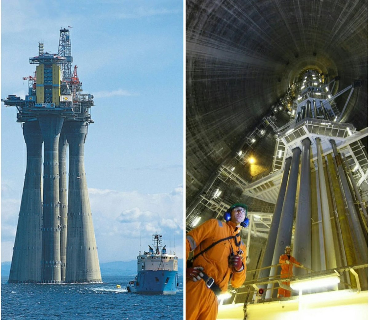 Troll A – the largest, tallest, and heaviest structure ever moved by humans. Troll A is a natural gas platform for the Norwegian Troll gas field. Photo taken in 1996 while being moved into place. In normal operation, the legs are fully submerged. #engineering #marine #records