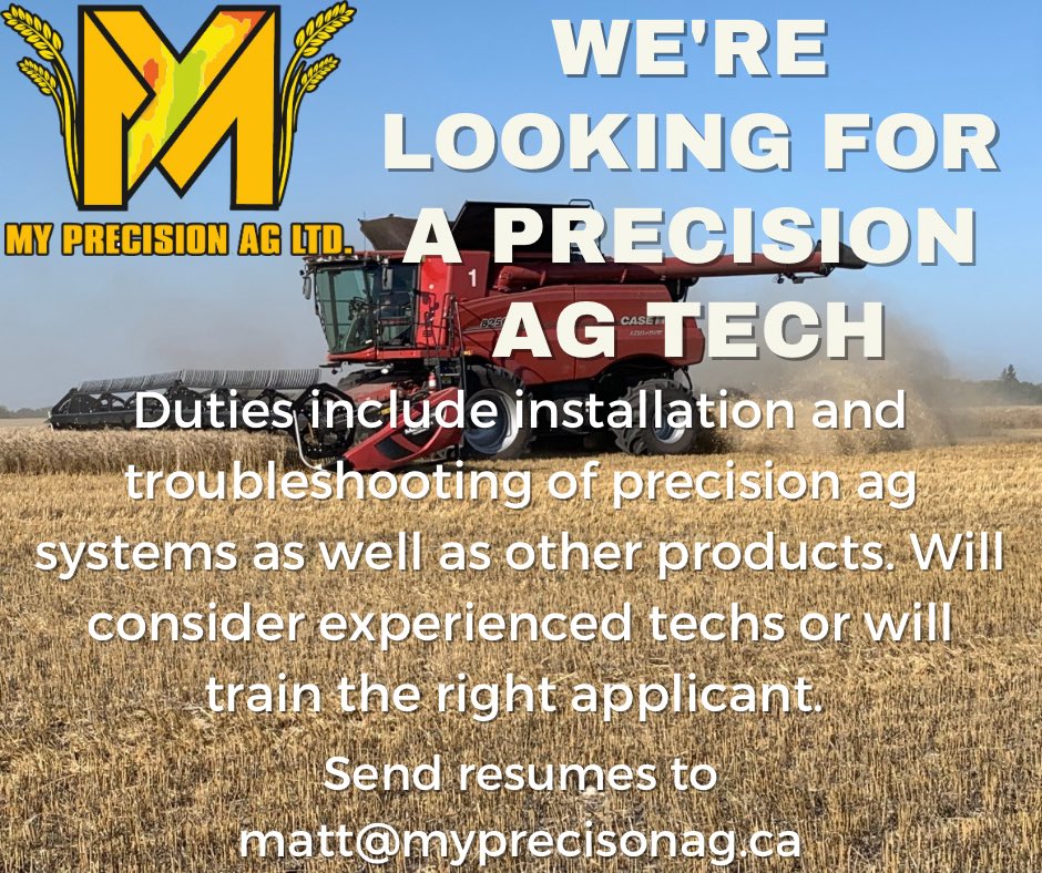 We are looking to add another precision ag technician for the Virden/Moosomin area ASAP. Full time hourly plus overtime or salary with performance bonuses. Company vehicle, cell phone and laptop provided. Please RT, 306-434-6909 or email for more info on position