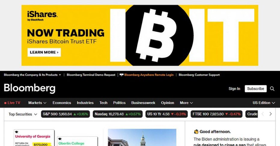 NEW: 🇺🇸 BlackRock launches massive #Bitcoin ETF advertisement on the Bloomberg homepage. $IBIT took $15 Billion in 3 months and they want more!