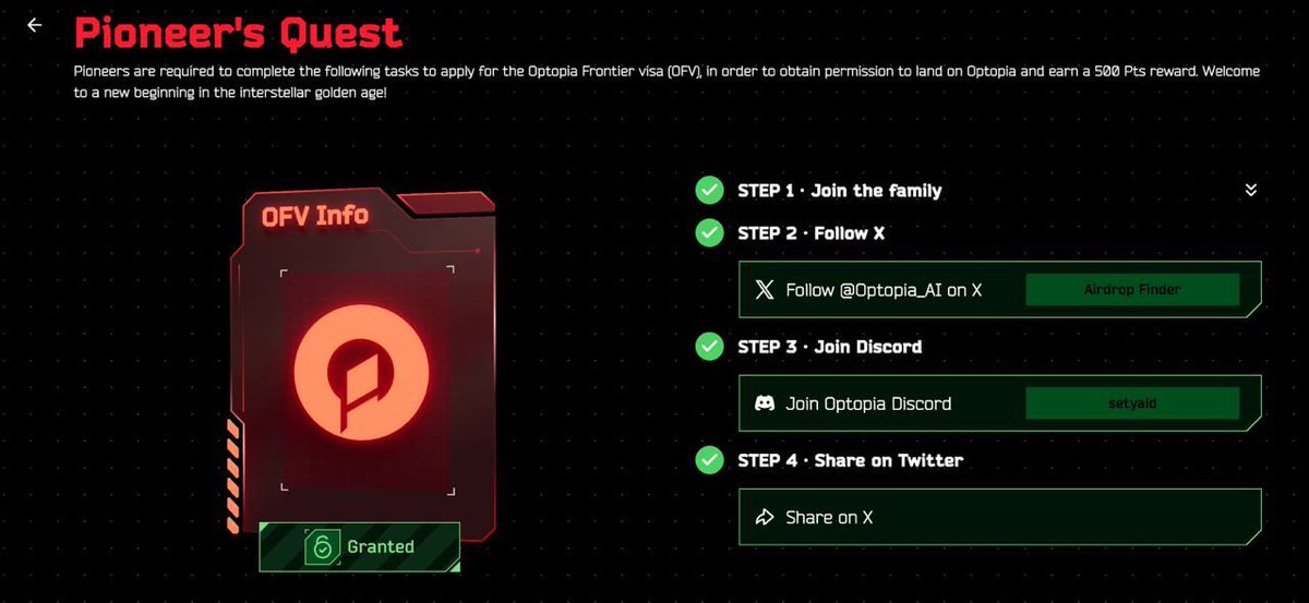 🪂 Another Airdrops : Optopia Pass & Testnet
🏷 Reward : PASS NFT ( Earn OPAI Tokens ) Soon

➡️ Register Here: optopia.ai/voyage?inviter…
➖️ Connect Wallet
➖️ Connect Twitter & Discord
➖️ Complete Task 
➖️ Claim 
➖️ Done
➖️ LFG

#SatoshiNews #OEXCommunity #Coretoshis