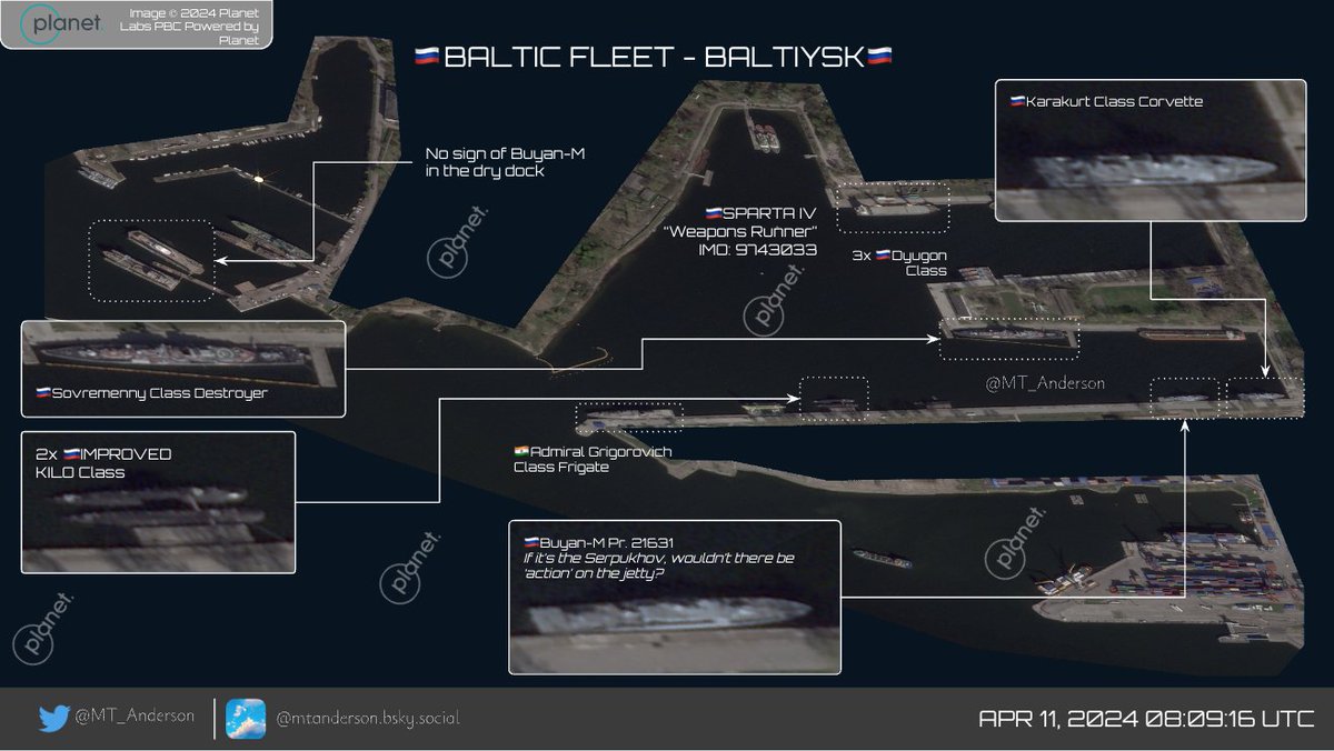 🇷🇺BALTIC FLEET - BALTIYSK🇷🇺 0.5m from 11 April 2024. What a difference 2 days makes (and the live fire exercises in the Baltic)! Vessels left in port⬇️ 1x Sovremenny Class 1x Karakurt Class 1x Pr. 21631 Buyan-M 2x Improved KILO Class