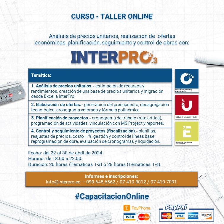InterPro_Ec's tweet image. ¡Se acerca el inicio de nuestro curso de abril! 🌟 A partir del 22 de abril, aprende todo lo que necesitas saber sobre análisis de precios unitarios, presupuestos, cronogramas de obra y mucho más. 💼 Obtén más detalles y precios en: interpro.ec/evento/curso-o…