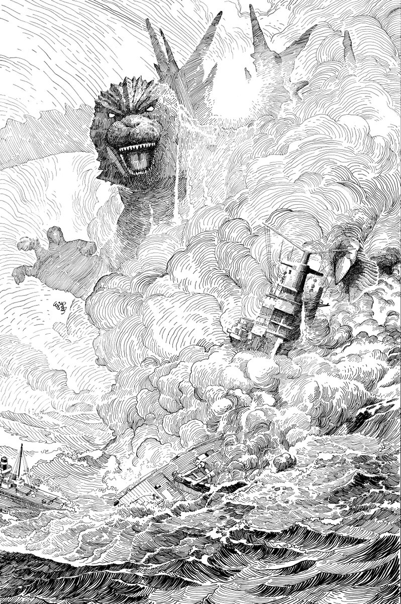 Compare to the iconic 'boat chasing' scene in #GodzillaMinusOne, I love even more of this media shot of #Godzilla coming out of the smoke while he torn #Takao cruiser into pieces. #art #ink #toho #BattleCruiser #Destruction #Japan #monster