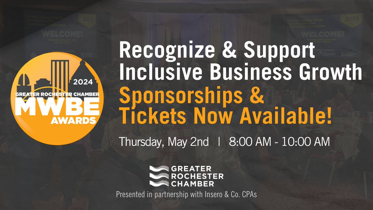 Our inaugural MWBE Awards are fast approaching! Don't miss this opportunity to join us to celebrate the success stories of our region's diverse MWBE community. Sponsorships and tickets are now available for the ceremony on Thursday, May 2nd. Learn more: my.greaterrochesterchamber.com/calendar/Detai…