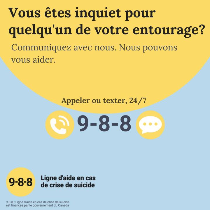 Not sure how to ask someone in your life if they're thinking about suicide? Call 9-8-8. We can help you, so you can help them.
___

Vous ne savez pas comment demander à quelqu'un s'il pense au suicide? Appelez le 9-8-8. Nous pouvons vous aider, afin que vous puissiez les aider.