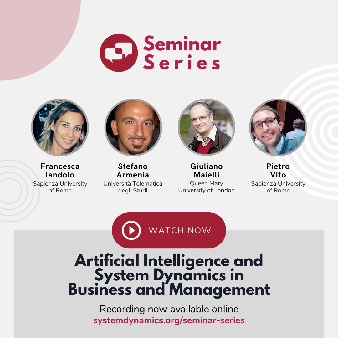 #ICYMI ▶️ The recording of the seminar “Artificial Intelligence and #SystemDynamics in Business and Management” with Francesca Iandolo, Giuliano Maielli, Stefano Armenia, and Pietro Vito is now available online! 

🎥 Watch now: ow.ly/7yB450ReaOR

#SeminarSeries