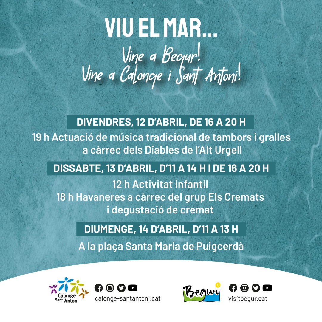 📣Aquest cap de setmana -del divendres 12 al diumenge 14 d’abril- serem per fi a 📍#Puigcerdà, realitzant una acció conjunta amb @CalongeStAntoni, per a promocionar les nostres destinacions entre els habitants i visitants de la zona de la #Cerdanya!

🤝🏼@puigcerda_cat

#VisitBegur