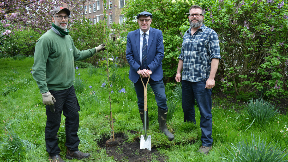 Today we planted one of two Elm trees from @ELms4London in Charterhouse square as part of Islington’s initiative to plant 2000 trees to replace lost Elms in London, Photo (L-R) Justin Dennis - Head Gardener, Peter Aiers - Chief Executive, Stephen Downing - Islington Tree Officer