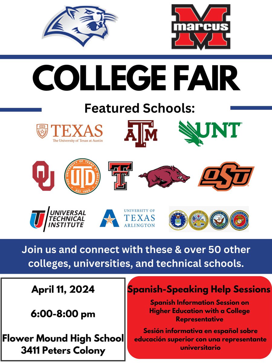 The MHS/FMHS College Fair is coming! This event will take place on April 11th from 6pm to 8pm at Flower Mound High School and is open for all students and families. In attendance will be over 60 college, trade school, and military branch representatives. No registration necessary