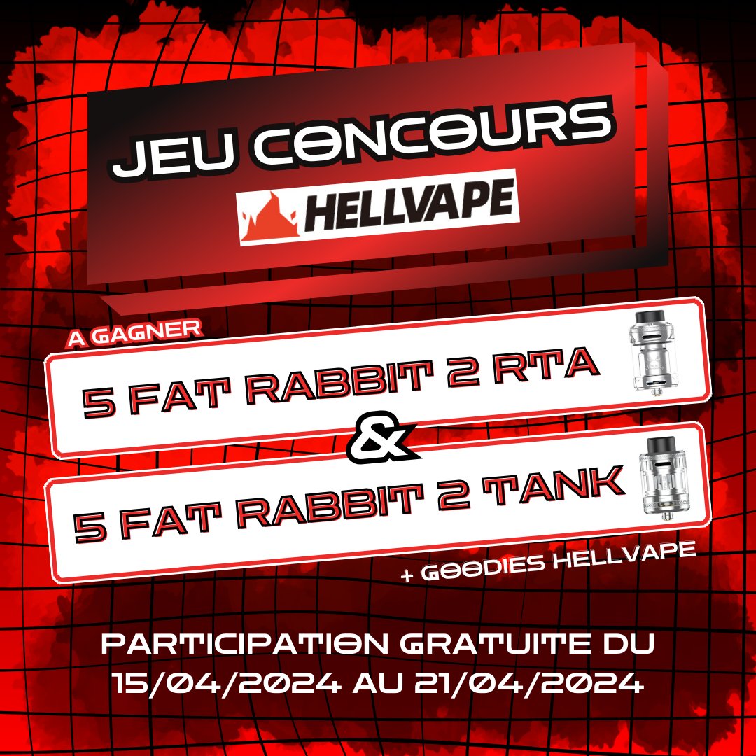 💥​ NEOVAPO X HELLVAPE 💥​

Pour participer, c'est très simple !

Il vous suffit de cliquer sur le lien ou de faire un passage en boutique :
neovapo.com/jeu-concours-h… 

Tentez votre chance de repartir avec un super tank Fat Rabbit 2 ou un Fat Rabbit 2 RTA... 

#vape #hellvape