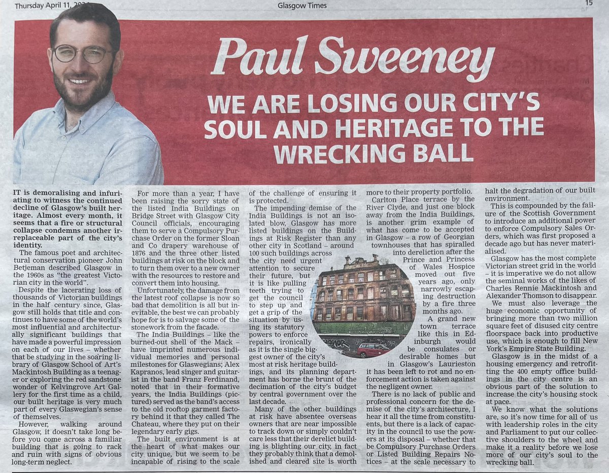 The demolition of the historic India Buildings in Glasgow’s Laurieston area is not a one-off — our built heritage is disappearing before our eyes. Read my @Glasgow_Times column below 👇🏼