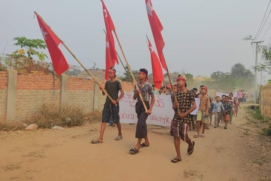 An anti-coup revolutionary protest somewhere in Sagaing region. #2024Apr11Coup #AgainstConscriptionLaw #WhatsHappeningInMyanmar