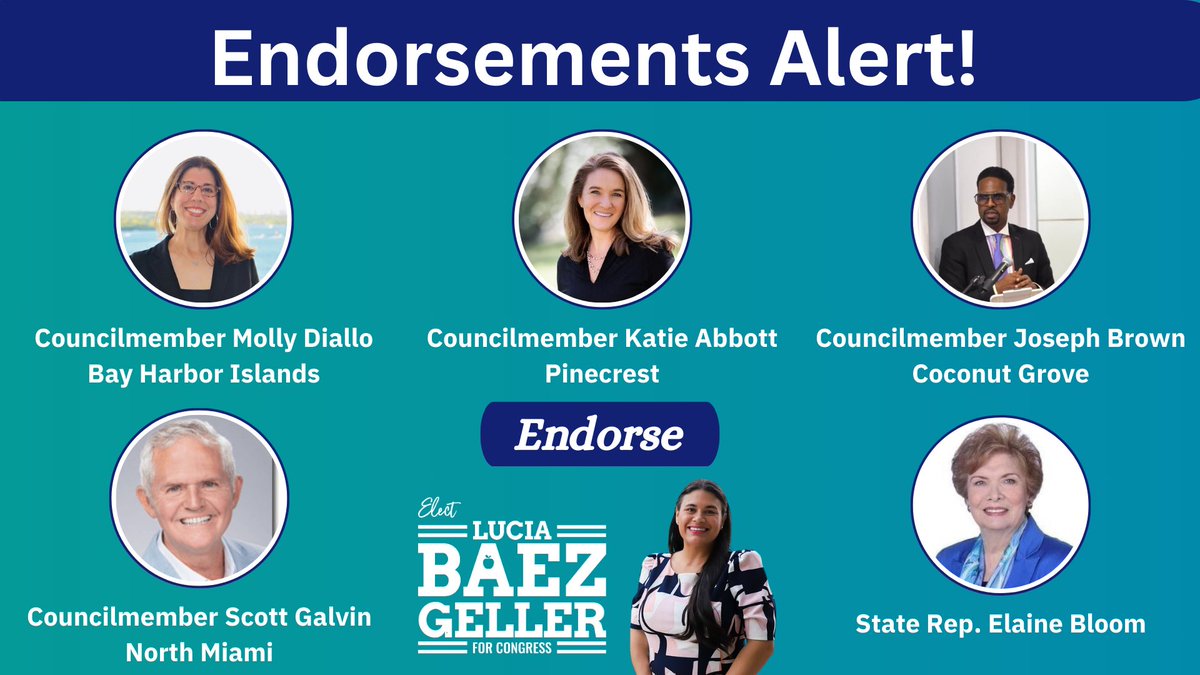 I'm thrilled to have the endorsements of Council members Katie Abbott, @molly_diallo, @scottgalv, Joseph Brown, and @RepEBloom! Thank you for your support of our campaign for Congress, and together, we will flip #FL27 in November!