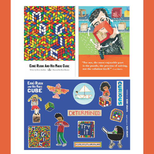 New pub date for ERNO RUBIK AND HIS MAGIC CUBE is June 11, 2024 -- exactly two months from today! Pre-order from @LindenTreeBooks and get this awesome swag designed by illustrator Kara Kramer!! lindentreebooks.com/erno-rubik-and… @PeachtreePub