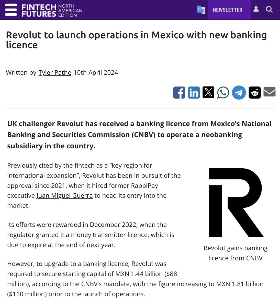 Revolut got a banking license in Mexico! They hired a local CEO ~3 years ago and just got approved (fintech takes time), and they had to secure $110 million in starting capital. They are expected to launch with money transfer services