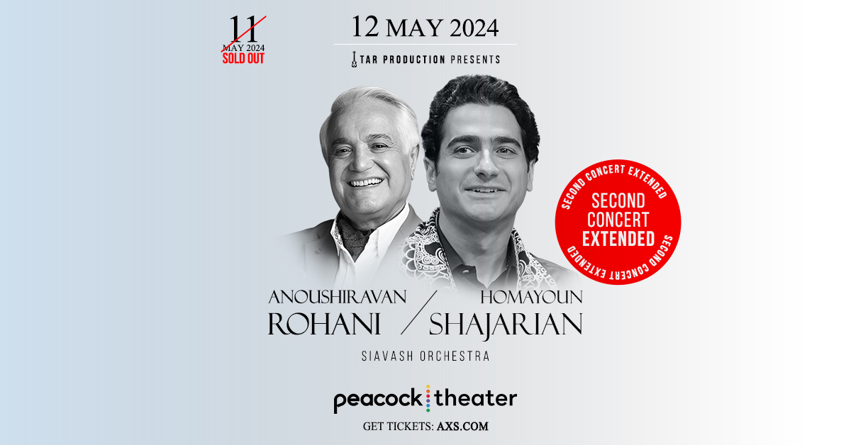 Due to overwhelming demand a second Homayoun Shajarian and Anoushiravan Rohani show has been added on May 12. 🎟️ Tickets on sale April 12 at 12pm.