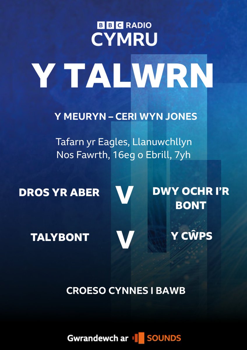 Awydd noson o farddoniaeth? 👇

Dewch draw i Dafarn yr Eagles, Llanuwchllyn nos Fawrth Ebrill 16 19:00 ar gyfer recordio dwy ornest o'r Talwrn 

<a href="/BBCSounds/">BBC Sounds</a> <a href="/trydarbarddas/">Barddas</a> <a href="/yr_eagles/">Menter yr Eagles</a> <a href="/EglwysiLlanRhos/">Eglwysi Cylch Llan</a> @EryrodMeirion <a href="/BerylHG/">Beryl Griffiths</a>