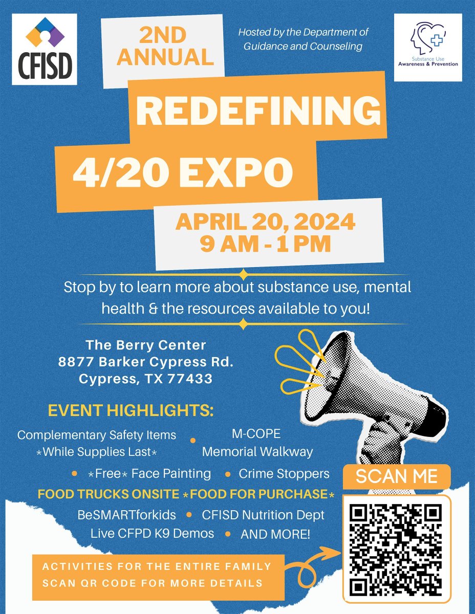 The @CFISDCounseling team invites parents & students to the 2nd annual Redefining 4/20 Expo, April 20 from 9 a.m.-1 p.m. at the @BerryCenter. Learn about substance use, mental health & many resources! buff.ly/3VLNyaO #CFISDsafety