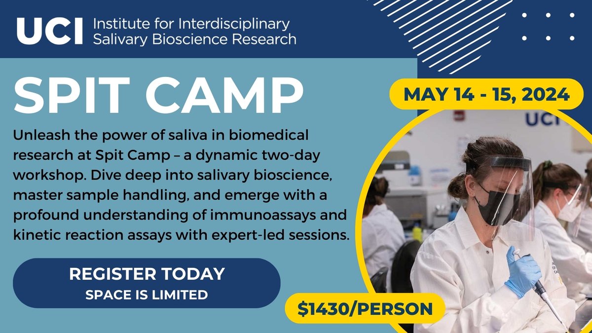 Learn basic and advanced strategies for incorporating saliva into your research at the @UCIrvine @uci_iisbr's Spit Camp. Participants find an open forum environment, scientific lectures and carefully constructed hands-on lab experiments. Register: iisbr.uci.edu/spit-camp-1/