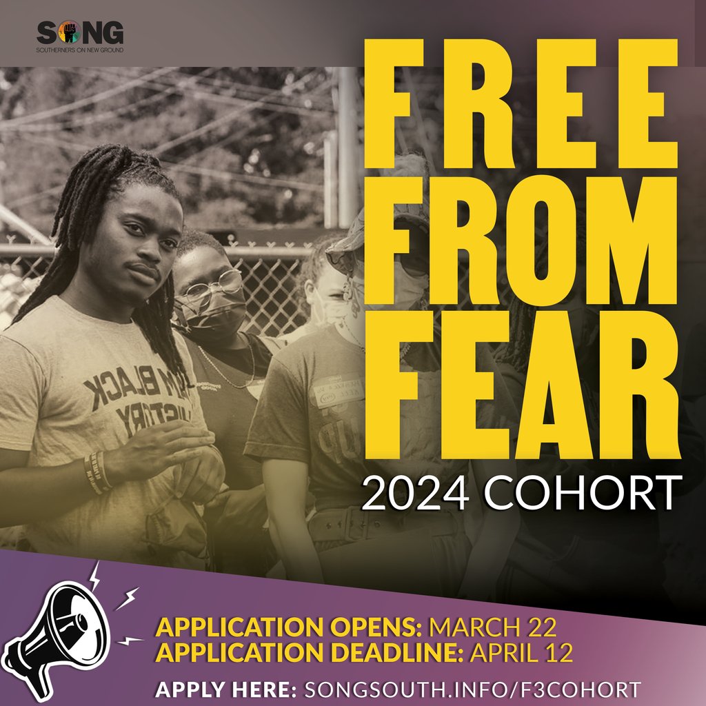 Calling Southern LGBTQ+ freedom fighters committed to meeting wretched times with bold and visionary campaign organizing to build power and transform our communities. Apply for SONG's Free From Fear 2024 Cohort today! songsouth.info/f3cohort