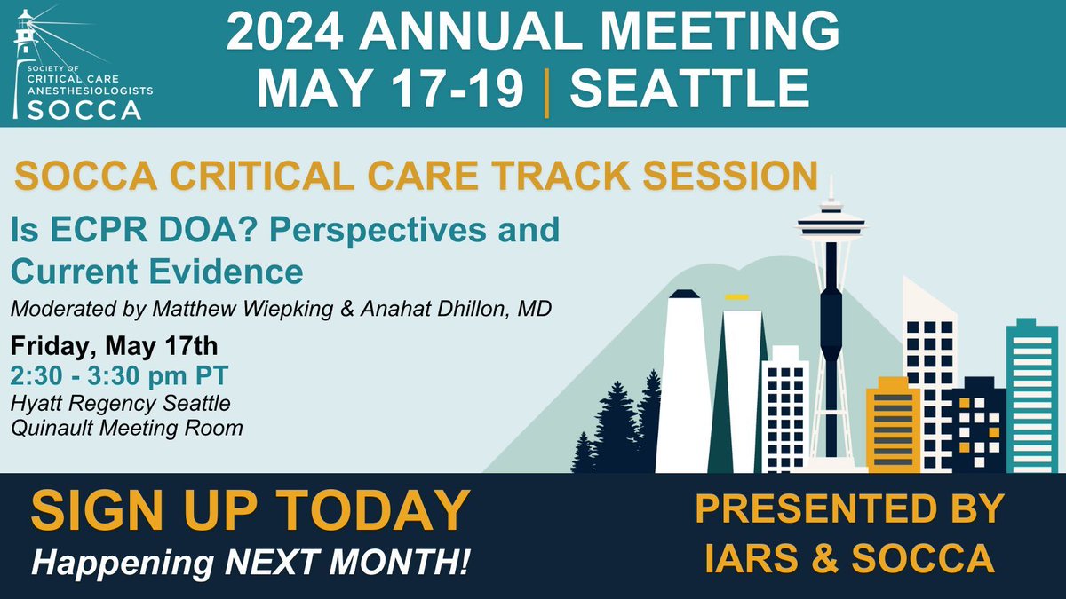 Don’t miss this SOCCA Critical Care Track Session: 'Is ECPR DOA? Perspectives and Current Evidence' Fri, May 17th, 2:30-3:30 pm PT. Register today: buff.ly/3TWcRW3