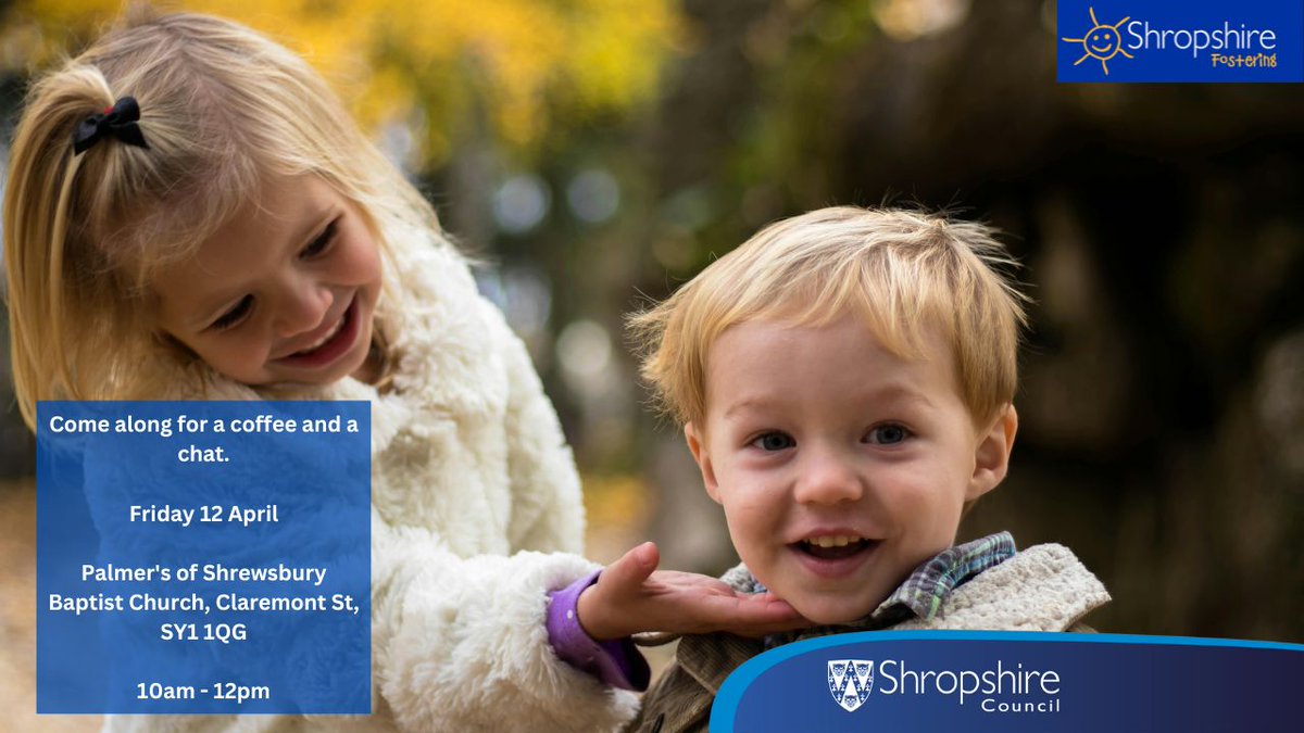 Shropshire Fostering will be at Palmers of Shrewsbury tomorrow, Friday 12 Apr from 10am-12pm. If you're interested in fostering or even just enquiring, come along for a chat and find out more how you could become part of Shropshire's biggest family. ℹ️ orlo.uk/55pNC