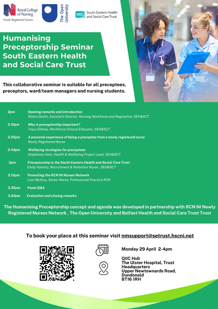 Calling all preceptees, preceptors, ward/team managers & nursing students! 📢 We're excited to welcome you to our Humanising Preceptorship Seminar! Join us for valuable insights, opportunities & collaborative learning 💚 To book your spot email 👇nmsupport@setrust.hscni.net