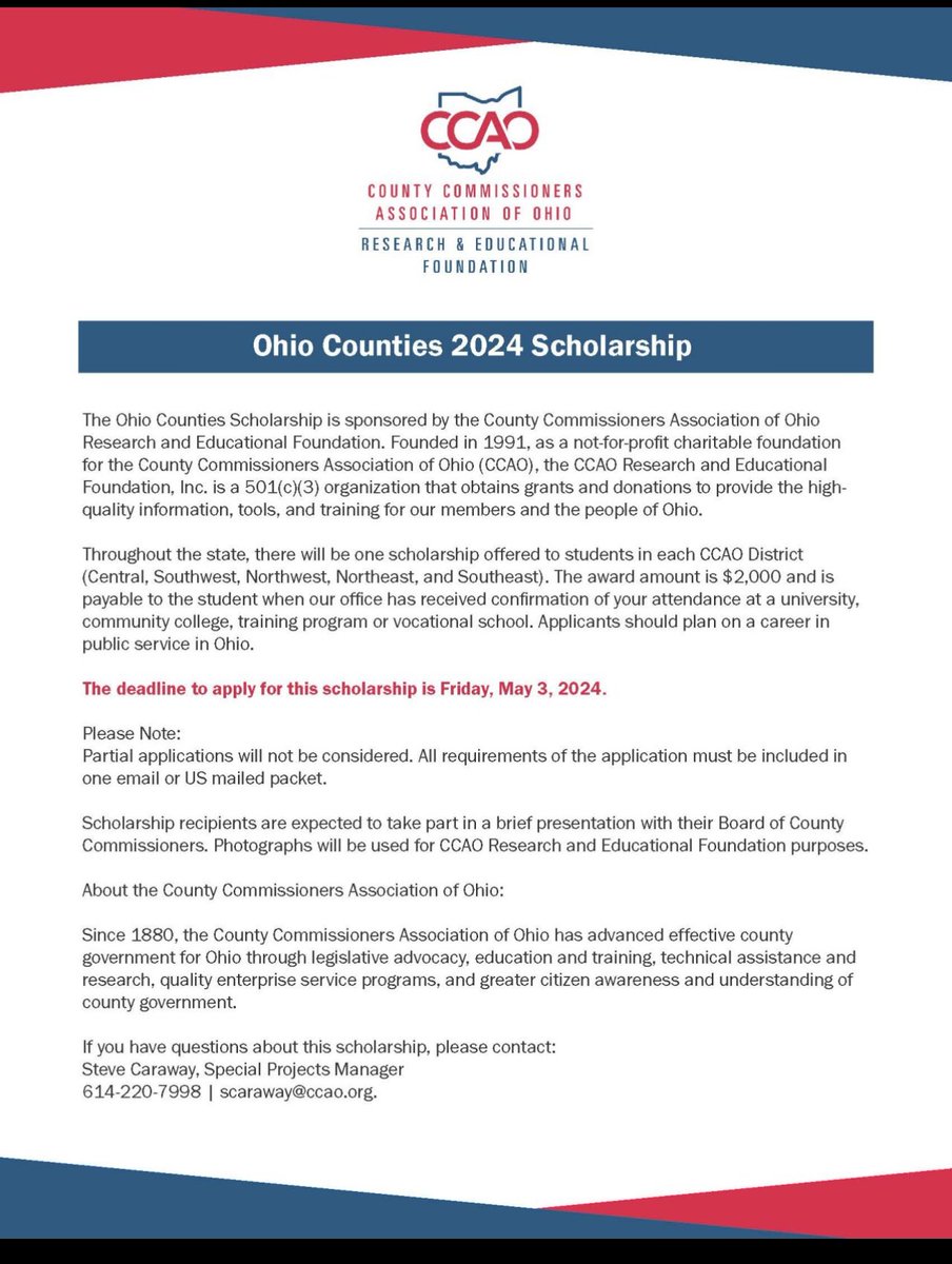 Exciting opportunity! Don't miss out on the Ohio Counties 2024 Scholarship! 🎓 The deadline to apply is Friday, May 3rd. #CareerTechOhio #CTEWorks #CareerTechChangesLives