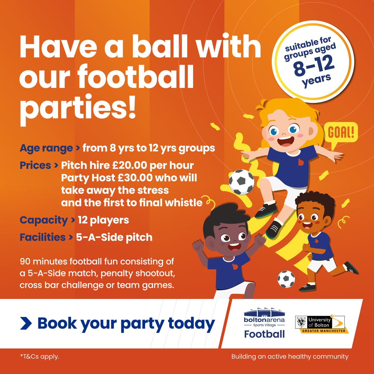 Football Parties at Bolton Arena! 🎂⚽ Fun, friendly and competitive kids football parties now available, 90 minutes of football fun! 😅 4G Pitches 5-a-side Game Penalty Shoot-out Crossbar Challenge Team Games! Find out more: ow.ly/HOfA50Raugs
