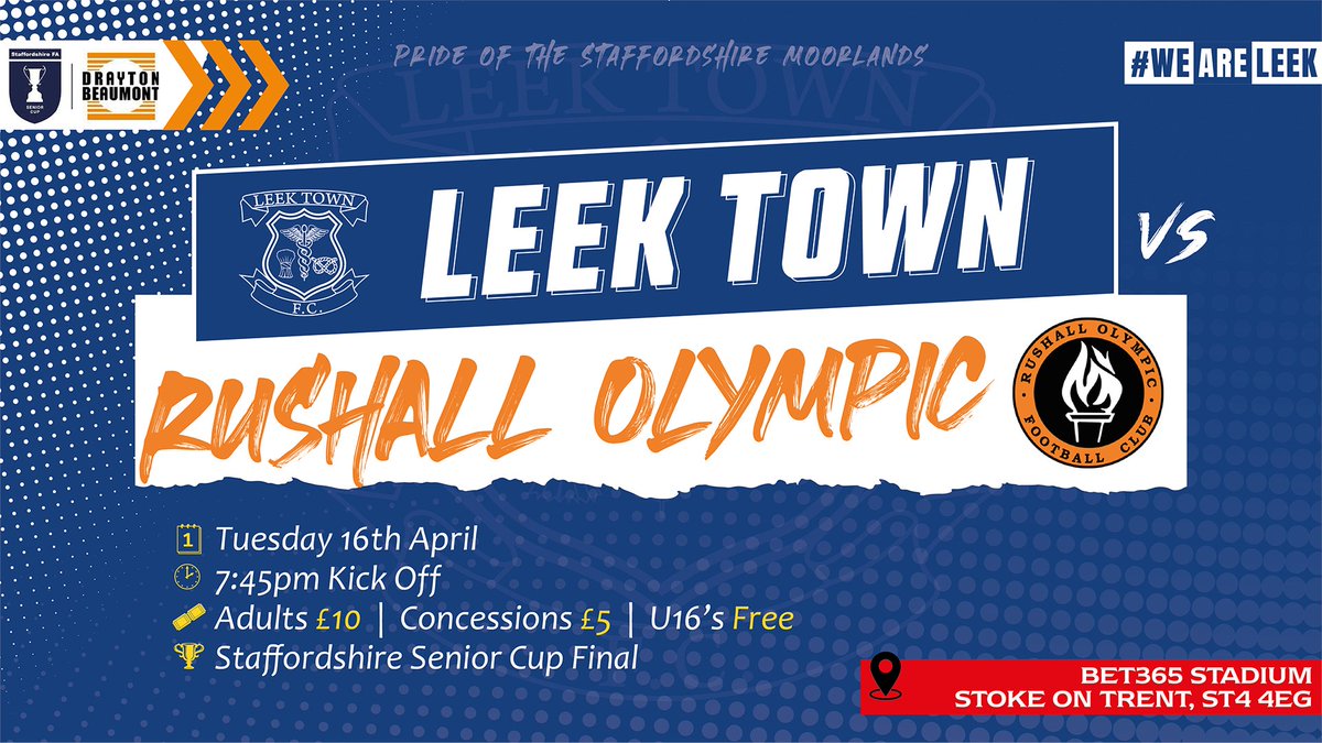 UP FOR THE CUP Next Tuesday sees Josh & the lads head over to the bet365 Stadium to take on Rushall Olympic in the Staffordshire Senior Cup Final, a repeat of last year's final. As ever, we'd love as many of our brilliant fans there as possible!