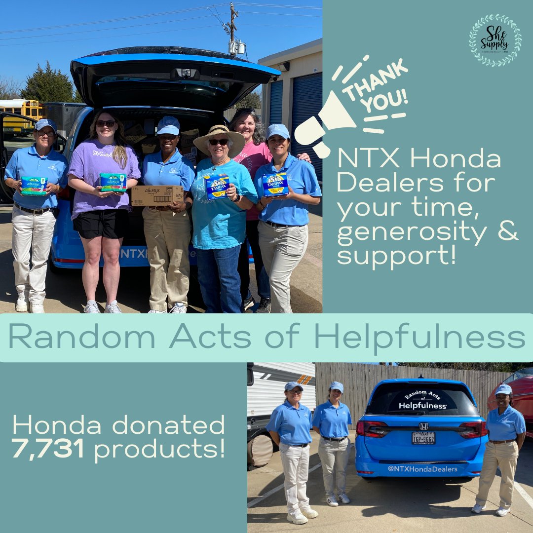 Last month, our community came out in a big way to support She Supply! A huge thank you to @NTXHondaDealers for their time, support and incredible helpfulness. 🫶 #EndPeriodPoverty #NorthTexas #Gratitude #RandomActsOfHelpfulness