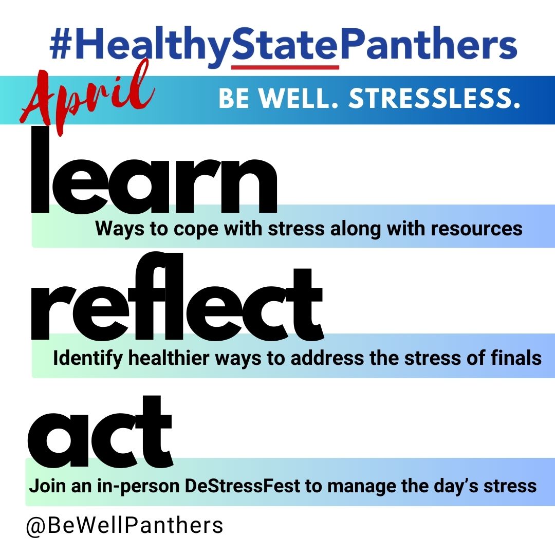 Learn how we are here for YOU 
#April is Stress Awareness Month 
#GeorgiaStateUniversity #healthystatePanthers #PanthersMentalHealthMatters #BeWellPanthers
pin.gsu.edu/news/300202