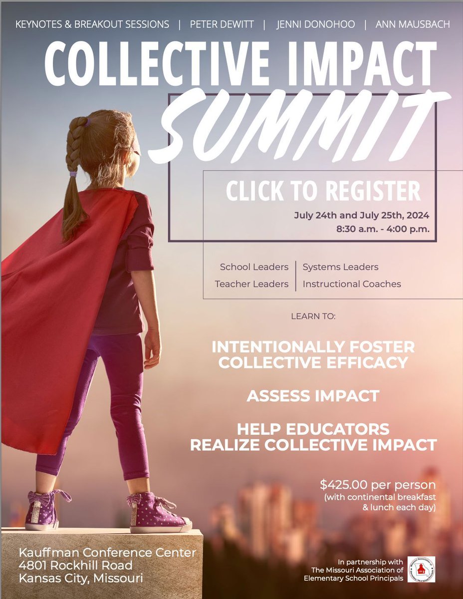 Join @Jenni_donohoo, Ann Mausbach, and me for the Collective Impact Summit! July 24th and 25th in Kansas City! Go to the ILC website (linked here), scroll down, click and register. Come alone! Come with a partner! Come with a team! buff.ly/3vV7ltC @MAESP #edchat #satchat