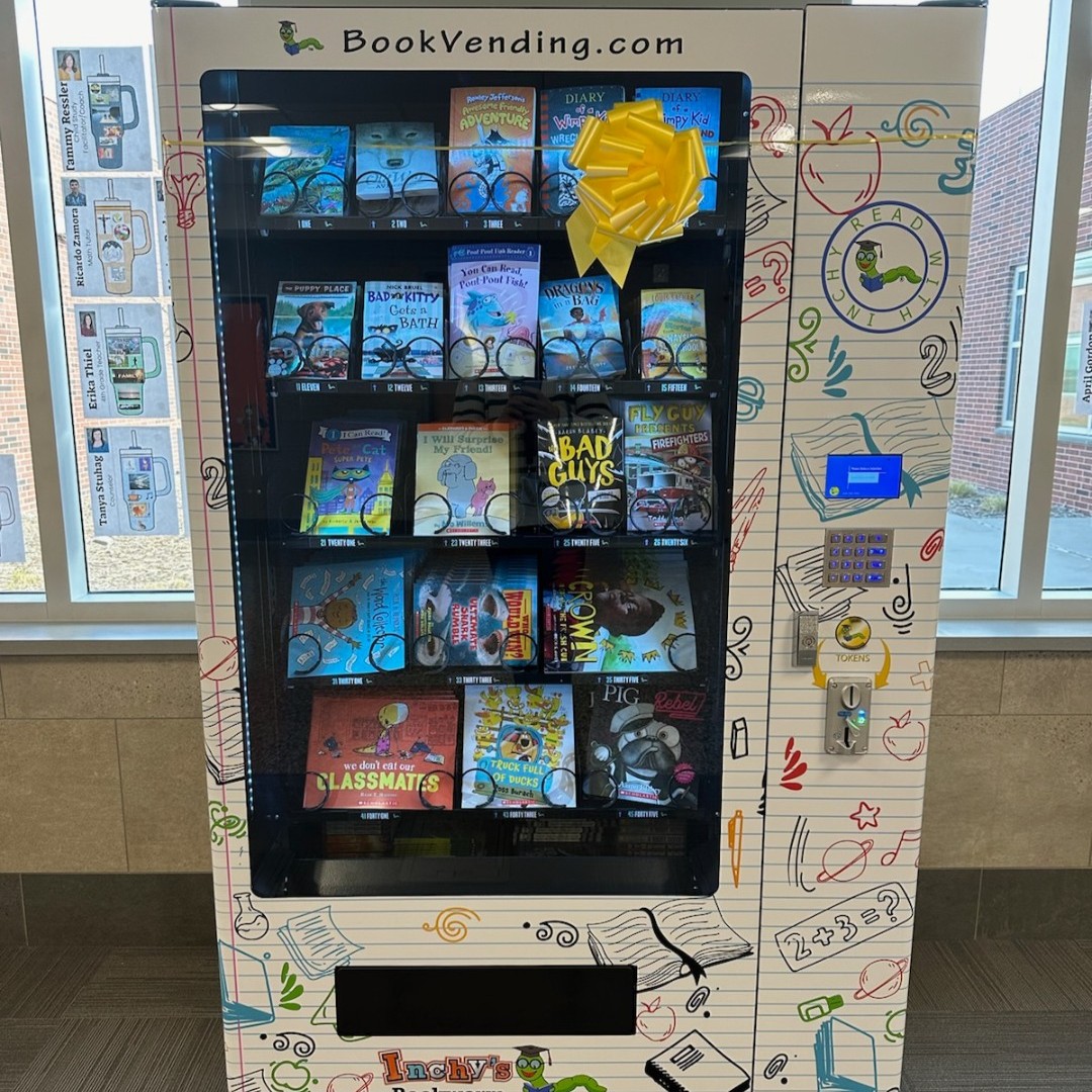 Last week, Dorothy Dodds Elementary showcased a new addition: a book vending machine with a wide variety of books. It only accepts special tokens earned by embodying 'The Spud Way.' Winners of Dodds' Spuds in Action award were part of the ribbon cutting. #OnceASpudAlwaysASpud