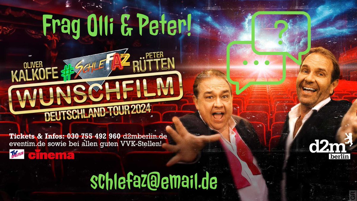 Stellt endlich die Fragen, die Ihr Olli & Peter schon immer stellen wolltet! #SchleFaZ #LiveonStage #Deutschlandtour ‼️ Spielregeln‼️ Euren vollständigen Namen und natürlich bei welchem Auftritt (Ort) die Frage beantworten werden soll, an folgende E-mail: schlefaz@email.de