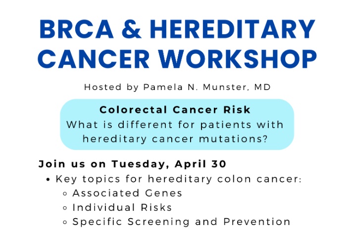 Tuesday, April 30th "Colorectal Cancer Risk: What is different for patients with hereditary cancer mutations?"  | Join Dr. Pamela Munster <a href="/PMunsterMD/">PMunsterMD</a> <a href="/UCSFHospitals/">UCSF Health</a> for the latest <a href="/UCSFCancer/">UCSF Helen Diller Family Comprehensive Cancer Ctr</a> BRCA and Hereditary Cancer Workshop
ow.ly/ziqX50RcK5x