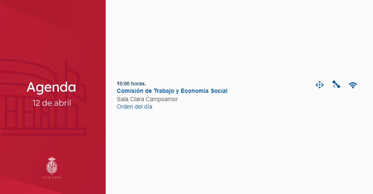 👉 Os dejamos la #Agenda del #Senado para mañana, #12abril, con: ➡️ Comisión de #Trabajo y #EconomíaSocial con la comparecencia de Vicepresidenta Segunda del Gobierno y Ministra de Trabajo y Economía Social, @Yolanda_Diaz_ 📄 senado.es/web/actividadp…