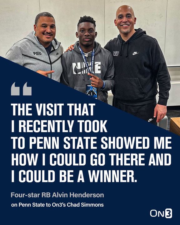 NEWS: #PennState lands a commitment from Alvin Henderson, a top RB in Alabama. The Nittany Lions beat #Auburn for Henderson. #WeAre Henderson details his decision: on3.com/college/penn-s…