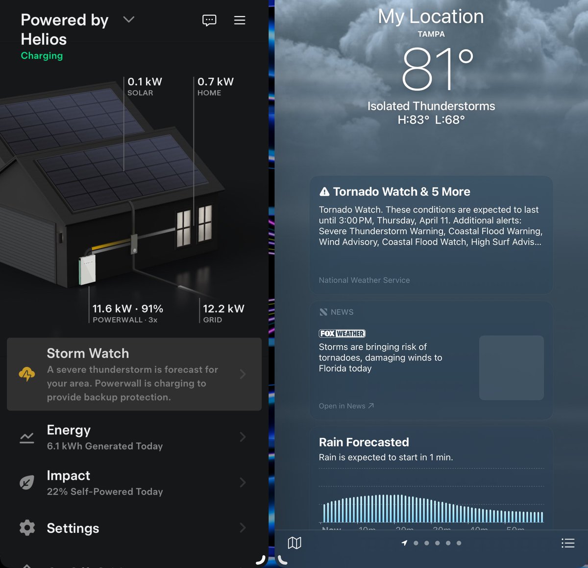 🌩️ 'Storm Watch' activated! ⚡️ With a severe thunderstorm warning in our area, our trusty Powerwalls are on guard, charging and ready to weather the storm! 💪 Stay safe and stay powered, folks! ☔️ #Powerwall #StormWatch #SevereThunderstorm #StaySafe